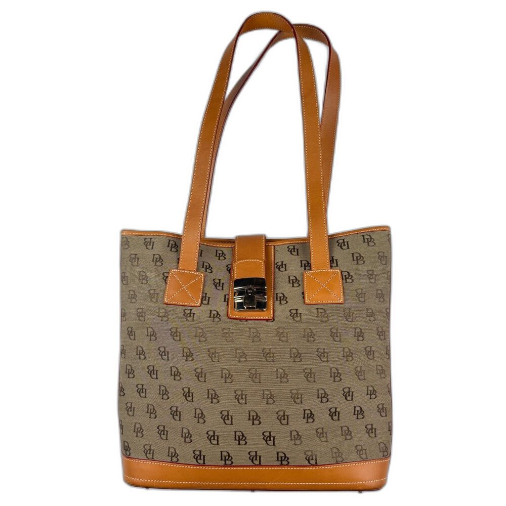Dooney & Bourke Signature Monogram Medium Shopper Tote Bag Tan Leather Trim USA